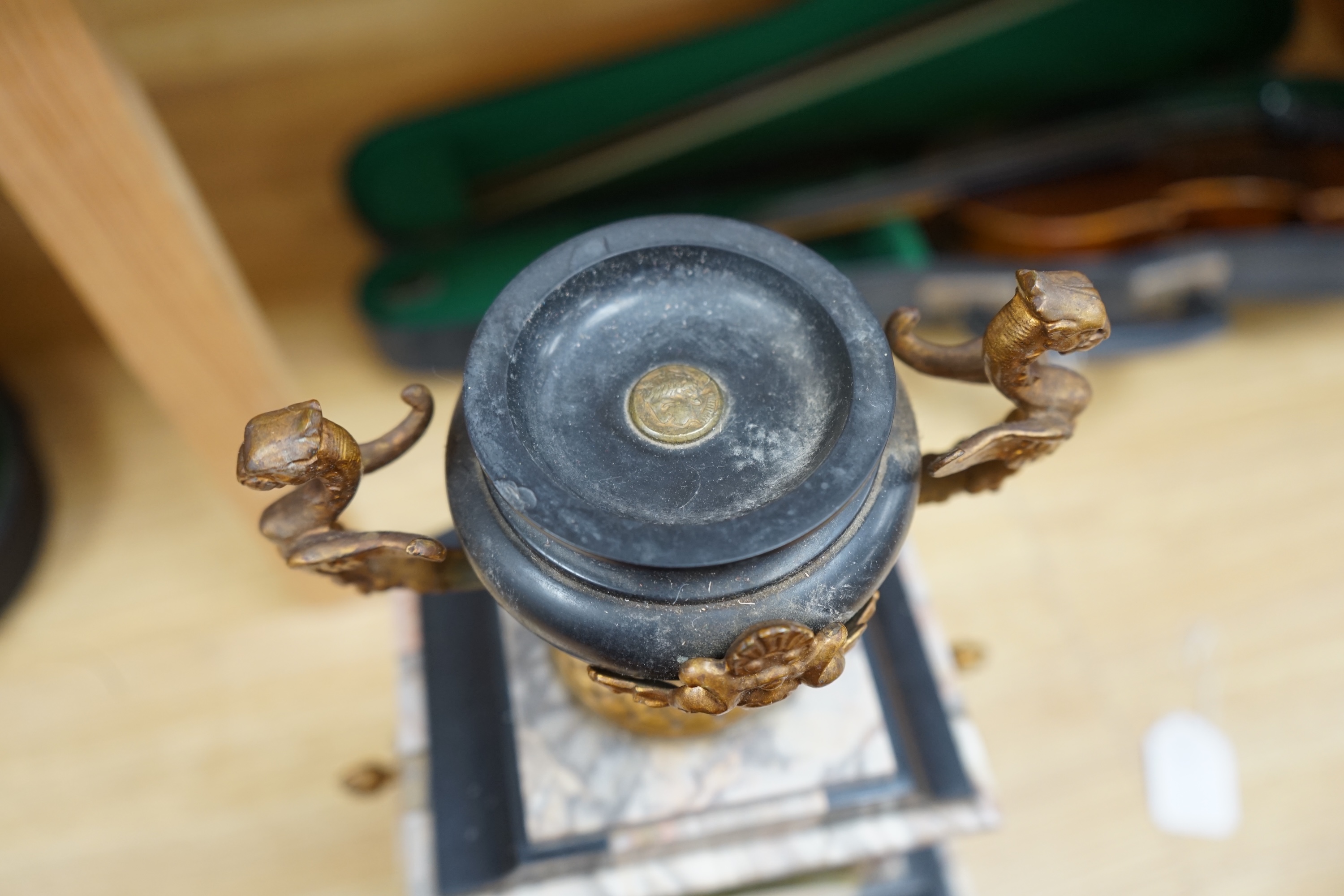 An early 20th century gilt metal and marble clock, no key or pendulum, 44cm. Condition - fair to good, not tested